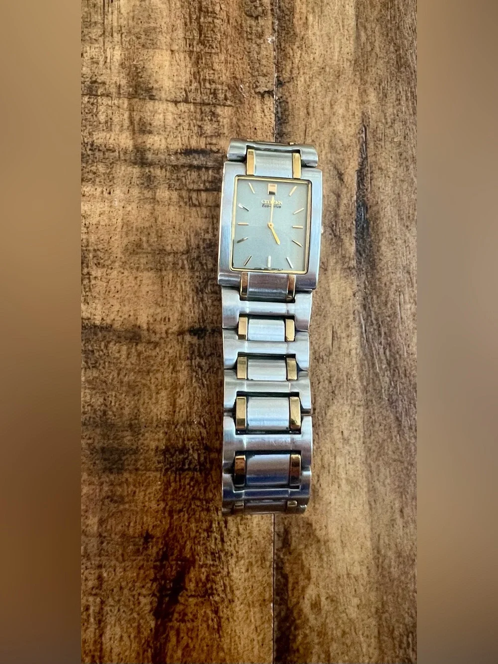 Men’s Citizen Eco-Drive Two Tone Silver Gold Rectangular Stainless Steel Watch